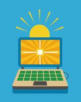 The screen of a laptop glowing as it charges with the help of the bright sun rays shining on its builtin solar panel.. illustration. vector
