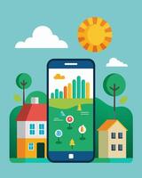 Through the app users can compare their solar energy usage with nearby neighborhoods to see how theyre contributing to a more sustainable future.. illustration. vector