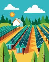 Rows of solar panels adorn the rooftop farm converting the suns rays into energy to fuel the modern agriculture practices.. illustration. vector