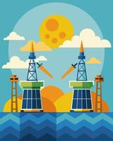 On the horizon two oil rigs can be seen side by side each equipped with rows of solar panels signaling a shift towards cleaner and more sustainable energy practices.. illustration. vector