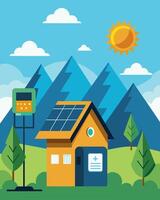 On a sunny day rooftop solar panels power a smart meter in a remote cabin providing a sustainable energy solution in a remote location.. illustration. vector