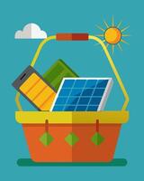 No need to disconnect from the world while enjoying a picnic this solarpowered basket will keep your devices charged and connected.. illustration. vector