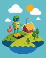 On a remote island a solarpowered robot labors in a sustainable farm tilling the soil and planting new crops contributing to the production of environmentallyfriendly and. vector