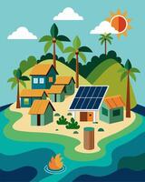 On a tropical island a sustainable community utilizes a combination of solar panels and a solar water heater to fully power their homes and daily lives.. illustration. vector