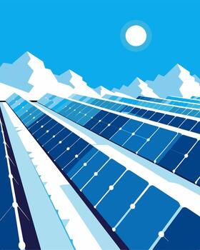 Rows of solar panels framed by a pristine layer of freshly fallen snow silently converting the suns energy into electricity.. illustration. vector
