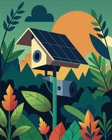 Nestled a dense foliage a solarpowered surveillance camera captures the actions of a group of trespassers on private property.. illustration. vector