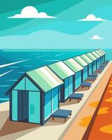 On the edge of the turquoise ocean rows of solarpowered beach cabins stand tall with their glass walls allowing for breathtaking views while also maximizing solar energy. vector