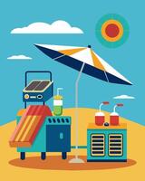 On a remote beach a group of vendors use solarpowered coolers to keep their drinks and snacks chilled for eager sunbathers. The panels also provide electricity for a small radio. vector
