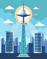 Rising high above a bustling city a sleek solarpowered communication tower stands ast the skyscrapers serving as a beacon for modern connectivity.. illustration. vector