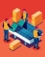 On one side of the factory stacks of solar panels await shipment as workers carefully package them for delivery to customers around the world.. illustration. vector