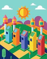 Rows of colorful charging stations with solar panels on top resembling modern art installations tered throughout the festival grounds.. illustration. vector