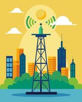 Positioned on the edge of a sprawling metropolis a solarpowered tower beams out signals connecting rural communities and bridging the urbanrural divide.. illustration. vector