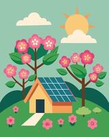 Nestled a the apple trees and cherry blossoms solar panels not only power the farm but also help to preserve the surrounding ecosystem.. illustration. vector