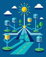 Miles of interconnected solar roadways creating a giant sustainable power grid.. illustration. vector