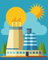 Powered by the suns rays the energyefficient cooling towers play a crucial role in the production processes of the factory.. illustration. vector