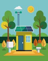 Located in a remote park this public restroom utilizes solar energy to provide lighting and power for flushing s and handwashing stations.. illustration. vector