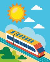 On a hot summer day the trains solar panels are working overtime to keep the air conditioning running and passengers comfortable.. illustration. vector