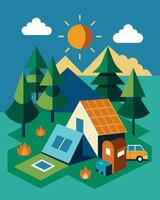 Set up camp in any remote location and rest assured that your devices wont run out of battery with solar charging.. illustration. vector