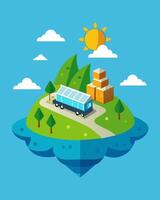 On a remote island the solarpowered cargo ship delivers its cargo leaving no trace of pollution or carbon emissions in its wake.. illustration. vector