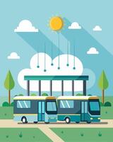 On a particularly hot day the solarpowered buses have a special feature that sprays a refreshing mist over waiting passengers at the bus stop.. illustration. vector
