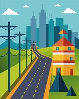 Roads that not only withstand heavy traffic but also generate electricity to power surrounding buildings.. illustration. vector