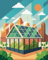 Located in the heart of a bustling city a rooftop greenhouse utilizes solar panels to create an environmentallyfriendly oasis amidst the concrete jungle.. illustration. vector