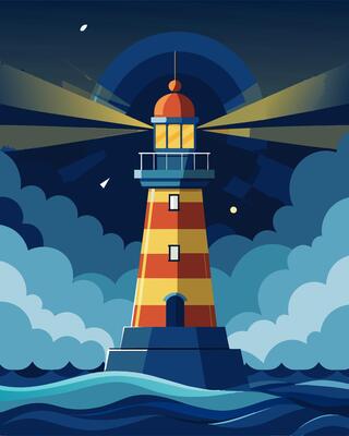 No longer dependent on unreliable electricity the solarpowered lighthouse remains a constant presence in stormy seas.. illustration.