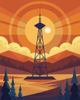 Set against a colorful sunset a telecommunication tower powered by solar energy stands as a symbol of progress and innovation in a rural area.. illustration. vector
