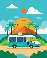 On a remote island tourists are transported to their beach resort in a solarpowered autonomous shuttle enjoying the novelty of a fully sustainable mode of transportation.. vector