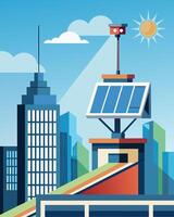 On the roof of a highrise building a sleek solarpowered security camera rotates to monitor the busy streets below.. illustration. vector