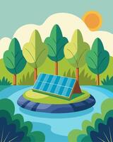 Solar panels floating on a tranquil pond surrounded by lush greenery creating a sustainable energy oasis in a natural landscape.. illustration. vector