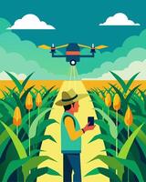 On a large corn farm a farmer operated a solarpowered drone equipped with infrared technology to detect sections of the field in need of fertilizer increasing yield and reducing. vector