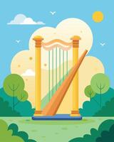 Nestled in the park a solarpowered harp sits its strings dancing in the sunlight enchanting all who pass by.. illustration. vector