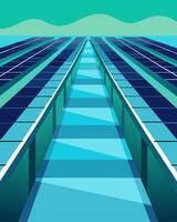 Rows of rectangular ponds lined with solar panels their reflective surfaces creating a striking contrast against the calm waters.. illustration. vector