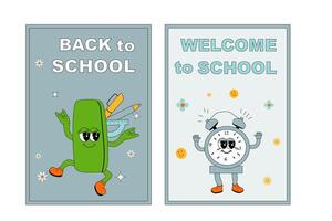School posters set with groovy characters. Stationery with y2k school elements background vector