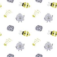 Childrens cute pattern with monsters or aliens in space. Galaxy elements and rockets vector