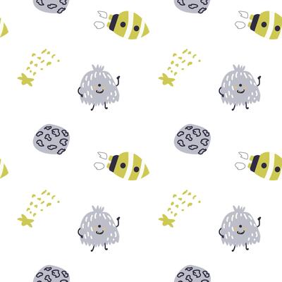 Childrens cute pattern with monsters or aliens in space. Galaxy elements and rockets