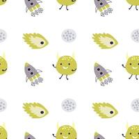 Childrens cute pattern with monsters or aliens in space. Galaxy elements and rockets vector