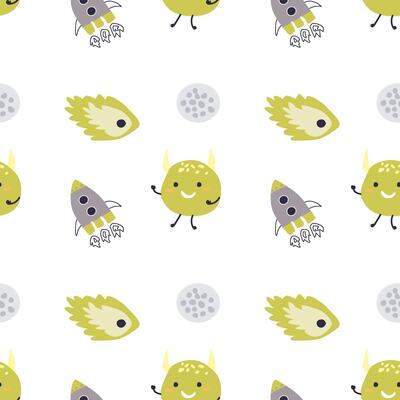 Childrens cute pattern with monsters or aliens in space. Galaxy elements and rockets