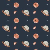 Childrens adventure pattern with cosmic objects and galaxy elements, cute planets. vector