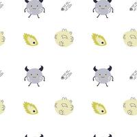 Childrens cute pattern with monsters or aliens in space. Galaxy elements and rockets vector
