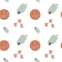 Childrens adventure pattern with cosmic objects and galaxy elements, cute planets. vector