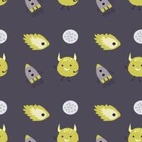 Childrens cute pattern with monsters or aliens in space. Galaxy elements and rockets vector