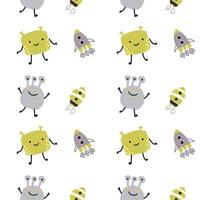 Childrens cute pattern with monsters or aliens in space. Galaxy elements and rockets vector