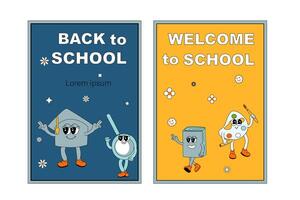 School posters set with groovy characters. Stationery with y2k school elements background vector