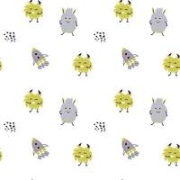 Childrens cute pattern with monsters or aliens in space. Galaxy elements and rockets vector