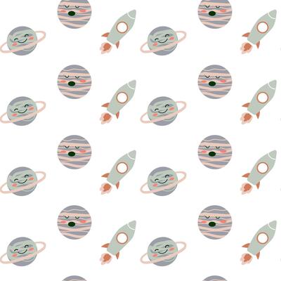 Childrens adventure pattern with cosmic objects and galaxy elements, cute planets.