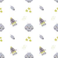 Childrens cute pattern with monsters or aliens in space. Galaxy elements and rockets vector