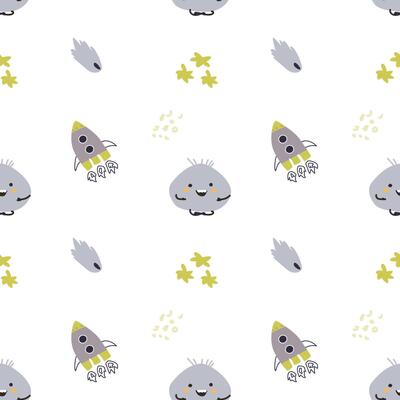 Childrens cute pattern with monsters or aliens in space. Galaxy elements and rockets