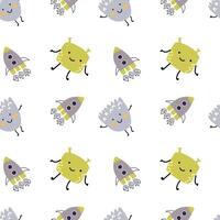 Childrens cute pattern with monsters or aliens in space. Galaxy elements and rockets vector